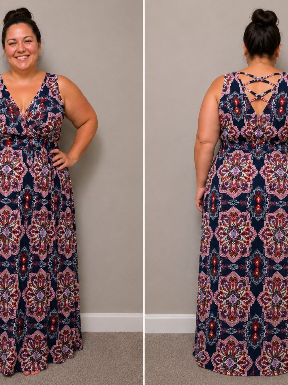 Loveappella Navy Floral Maxi Dress with Crisscross Back Straps